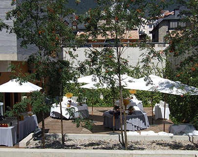 Terraza con &aacute;rboles y mesas bajo sombrillas blancas, rodeada de edificios.