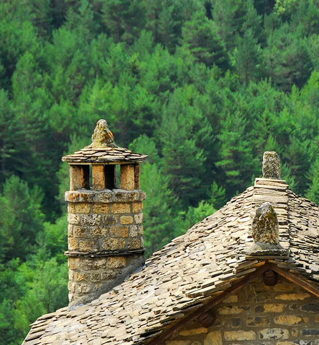 Tejado de piedra con chimenea, rodeado de un denso bosque de pinos verdes.