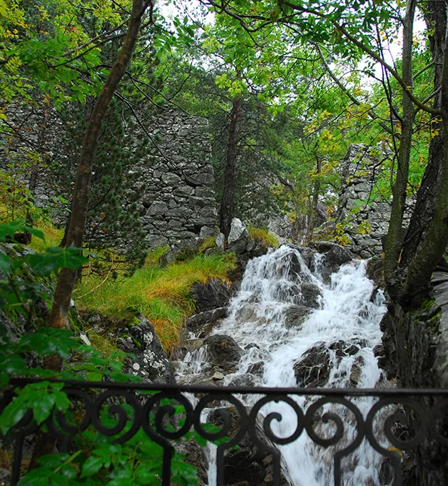 Cascada y muro de piedra entre &aacute;rboles y vegetaci&oacute;n verde.