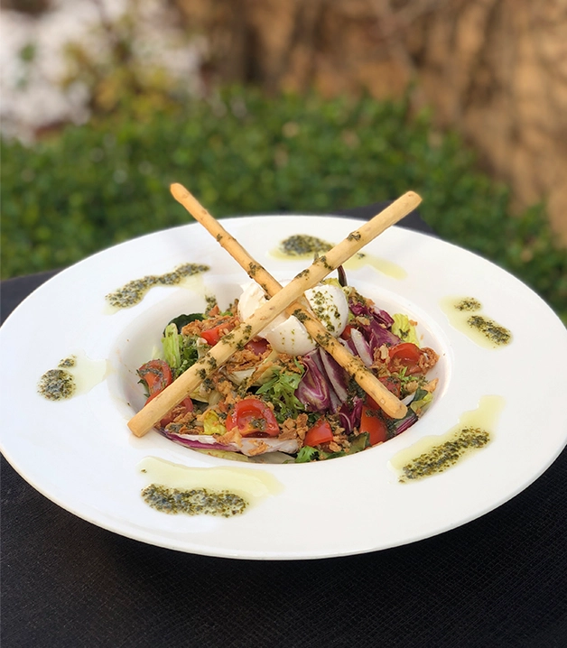 Ensalada gourmet con palitos de pan y salsa verde en un plato blanco.
