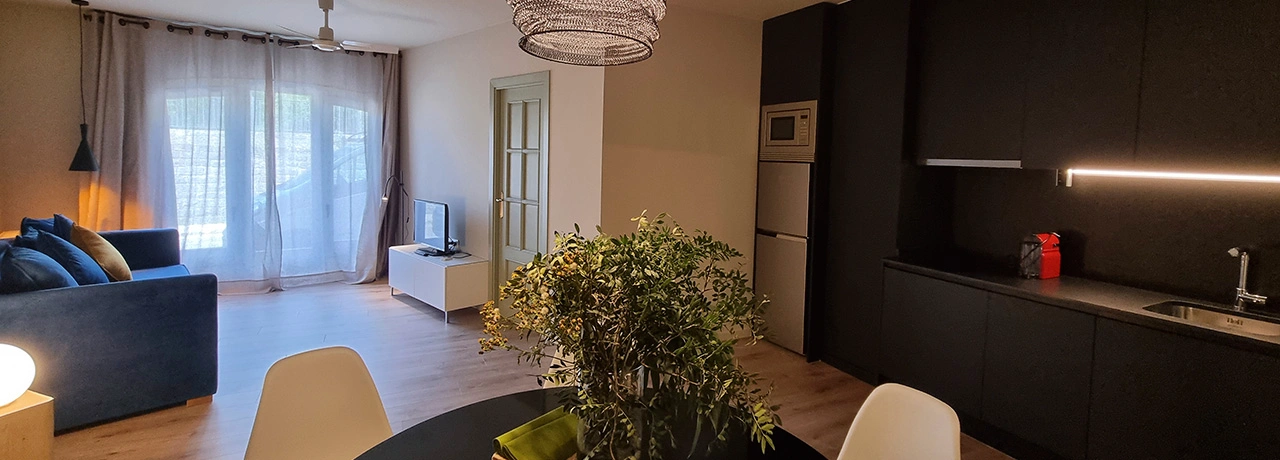 Sala de estar moderna con cocina abierta y planta en la mesa.