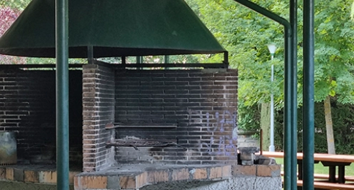 Parrilla de ladrillos al aire libre con techo met&aacute;lico, rodeada de &aacute;rboles.