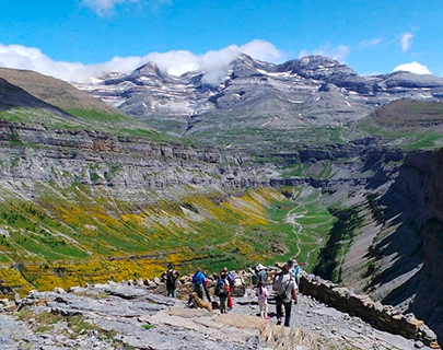 Grupo de personas caminando en un paisaje monta&ntilde;oso verdoso.