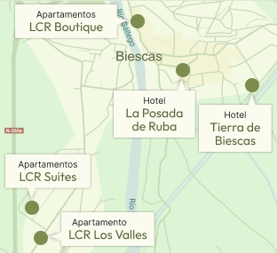 Mapa de Biescas con hoteles y apartamentos destacados.
