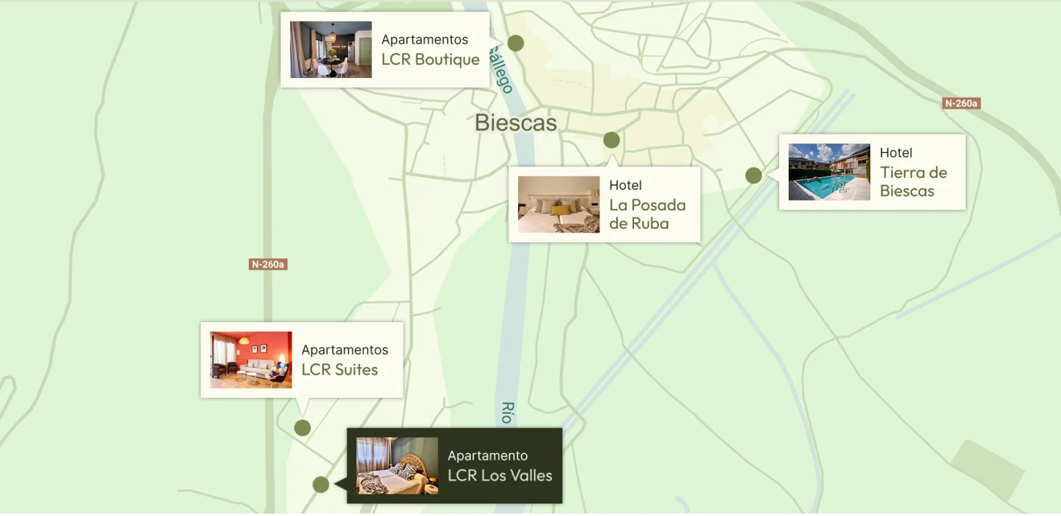 Mapa de Biescas con hoteles y apartamentos destacados.