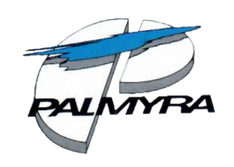 Logo de PALMYRA con fondo negro y dise&ntilde;o en azul y blanco.
