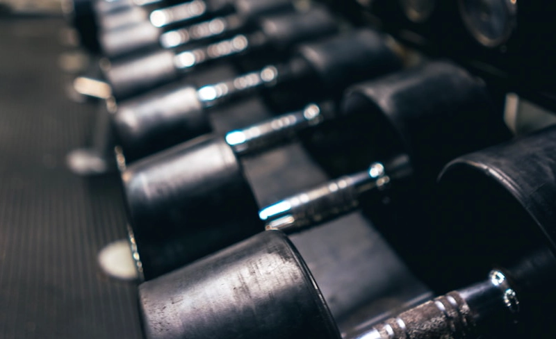 Pesas alineadas en un gimnasio sobre un soporte met&aacute;lico.