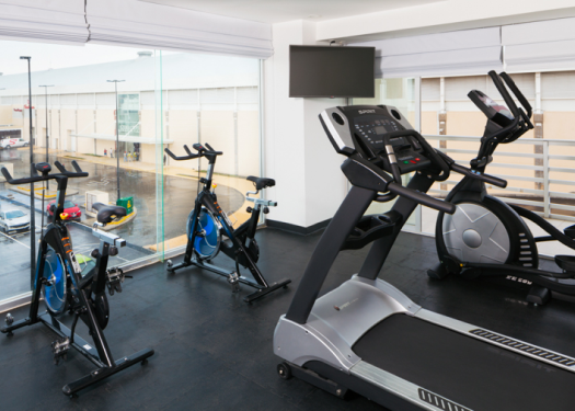 Gimnasio con bicicletas, caminadora y vista externa.