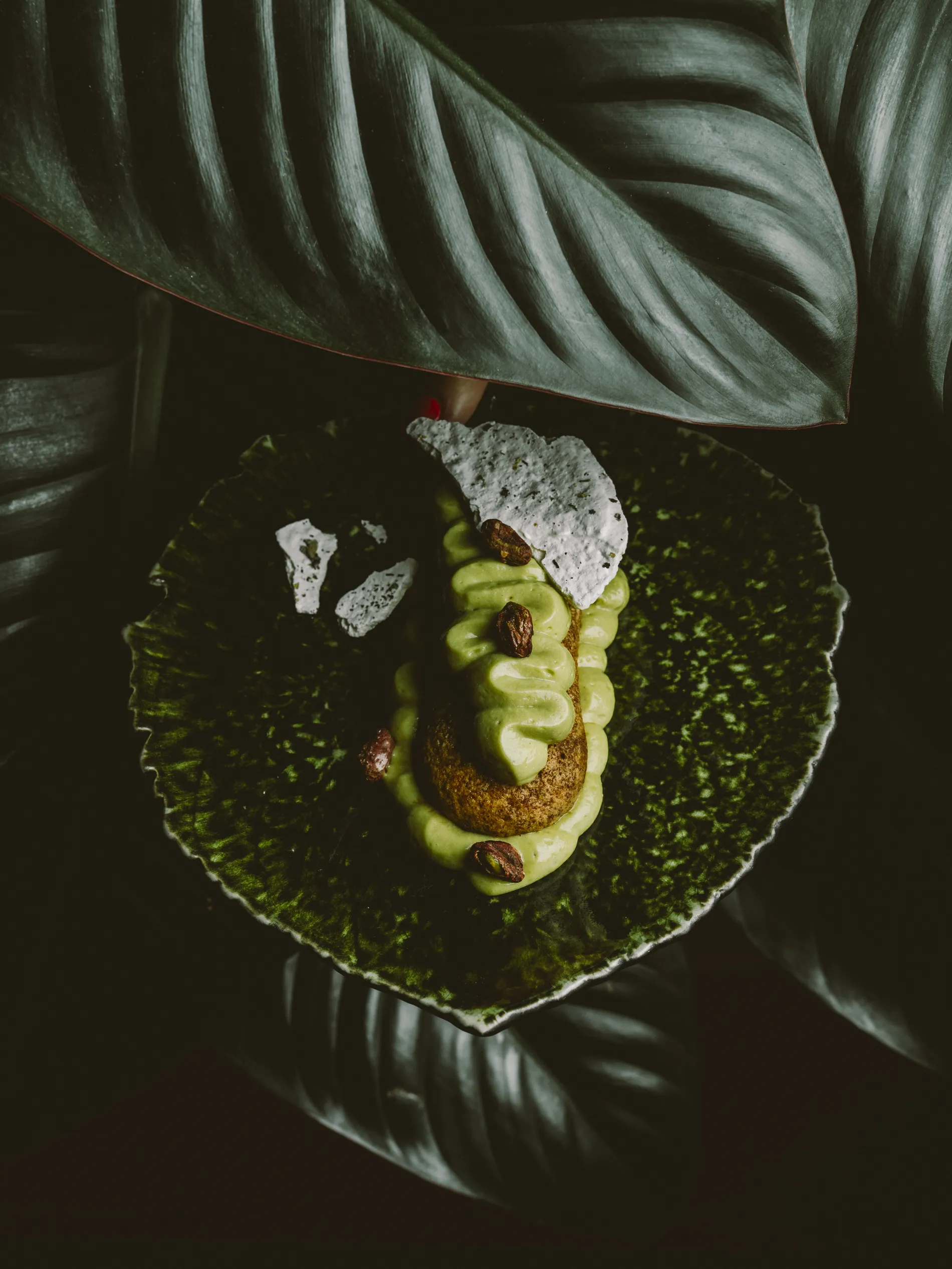 Sobremesa verde decorada com nozes e papel comest&iacute;vel sobre prato verde e fundo de folhas.