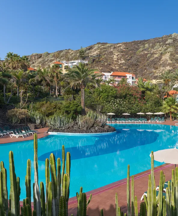 Piscina grande rodeada de palmeras y vegetaci&oacute;n en zona monta&ntilde;osa.