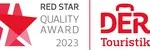 Premio Red Star Quality 2023 de DER Touristik con estrella roja y logo.