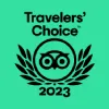 Logo de Travelers' Choice 2023 con un b&uacute;ho entre hojas laureadas.