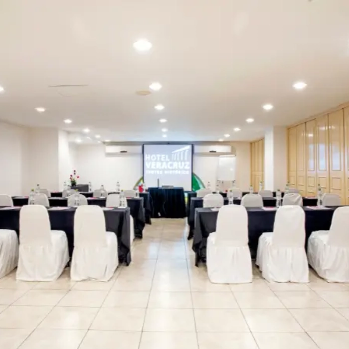 Sala de conferencias en hotel con sillas y pantalla de proyecci&oacute;n.