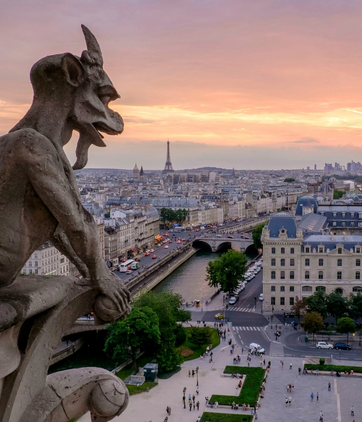 Gargouille face &agrave; la vue de Paris avec la tour Eiffel au coucher du soleil.