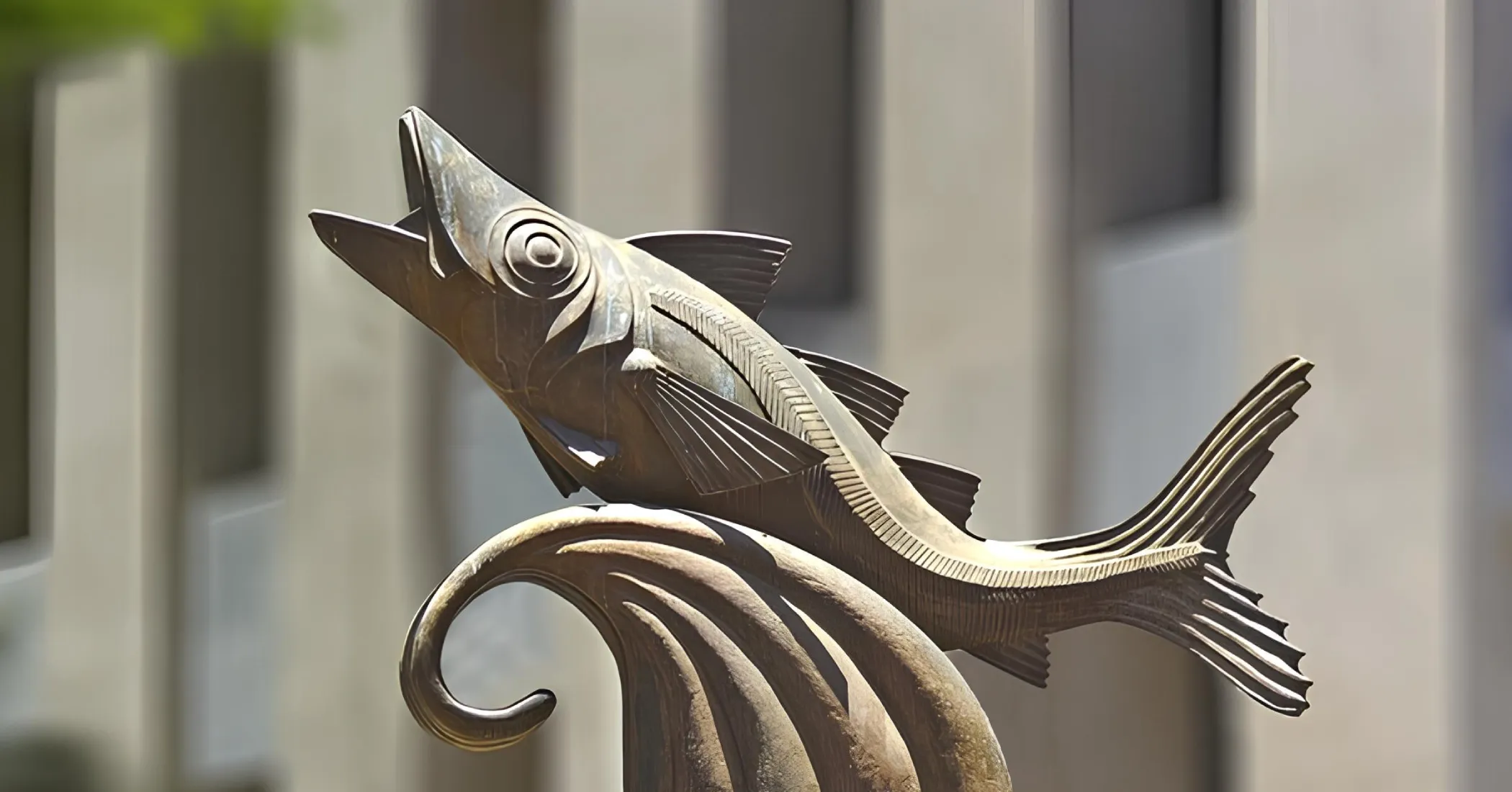 Escultura de bronce de un pez saltando sobre una ola frente a un edificio.
