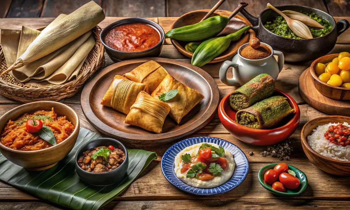 Mesa con empanadas, salsa, verduras y guisos en platos de estilo tradicional.