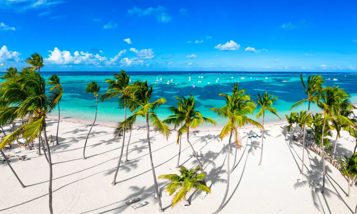 Playa tropical con palmeras y barcos en el mar azul, cielo despejado.