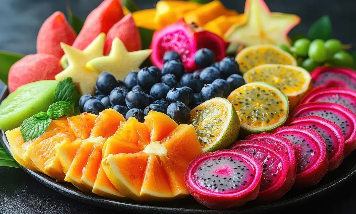Plato de frutas: sand&iacute;a, mel&oacute;n, uvas, ar&aacute;ndanos, c&iacute;tricos y pitahaya en rodajas.