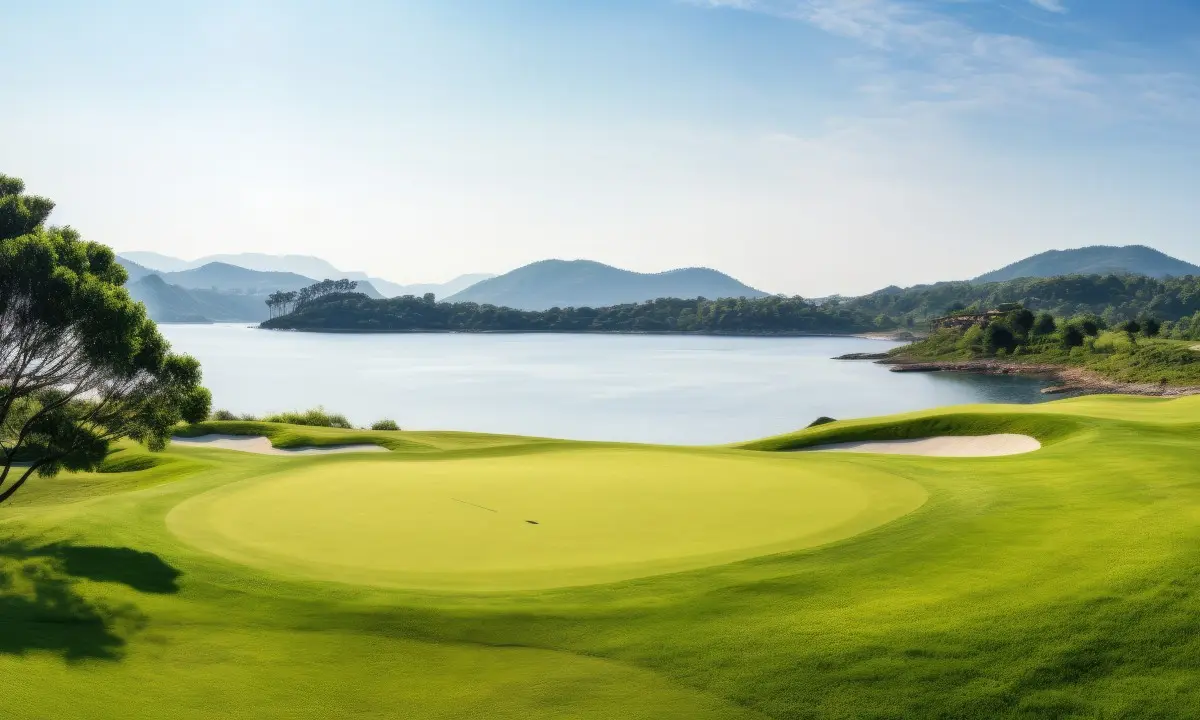Campo de golf con colinas verdes y un lago entre monta&ntilde;as al atardecer