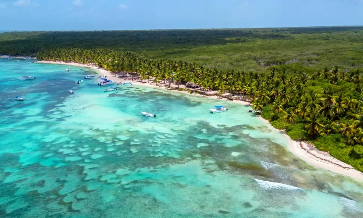 Playa tropical de aguas turquesas con barcos y palmeras junto a la costa.