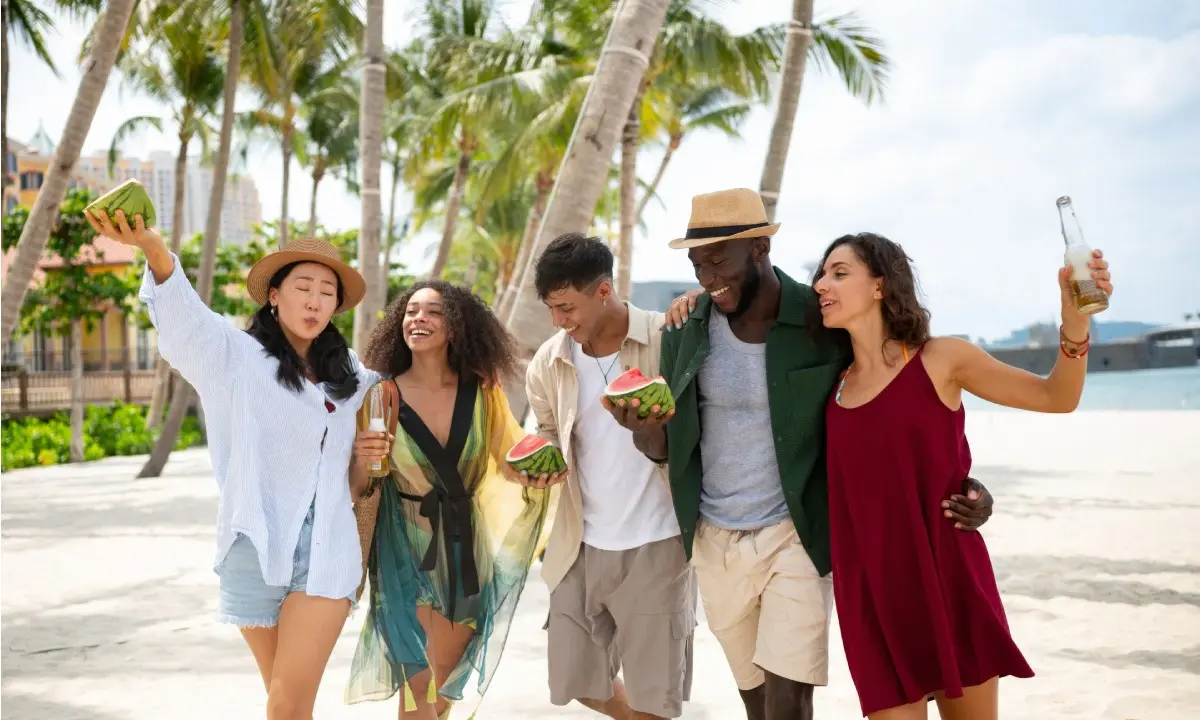 Grupo de amigos en la playa con sombreros, bebidas y sand&iacute;a.