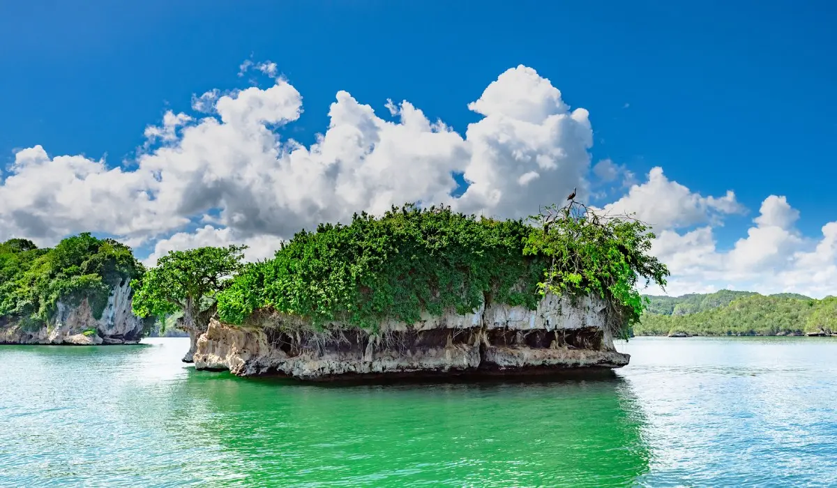 Isla peque&ntilde;a con vegetaci&oacute;n y acantilado sobre aguas verdes, cielo azul y nubes