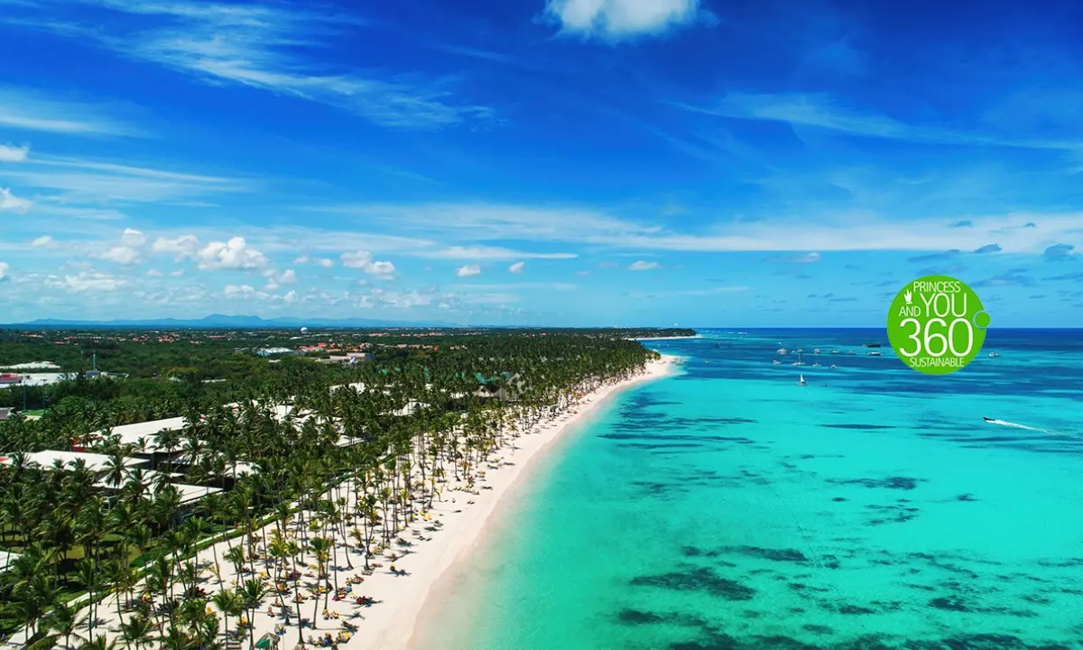 Playa tropical con mar turquesa y palmeras bajo un cielo azul