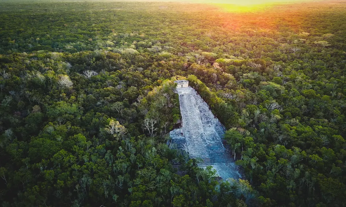 Vista a&eacute;rea de un r&iacute;o y presa entre selva verde al atardecer.