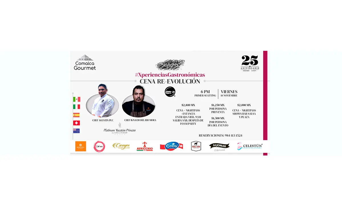 Afiche &ldquo;Cena Re-Evoluci&oacute;n&rdquo; con chefs, fecha 25 aniversario y logos de patrocinadores
