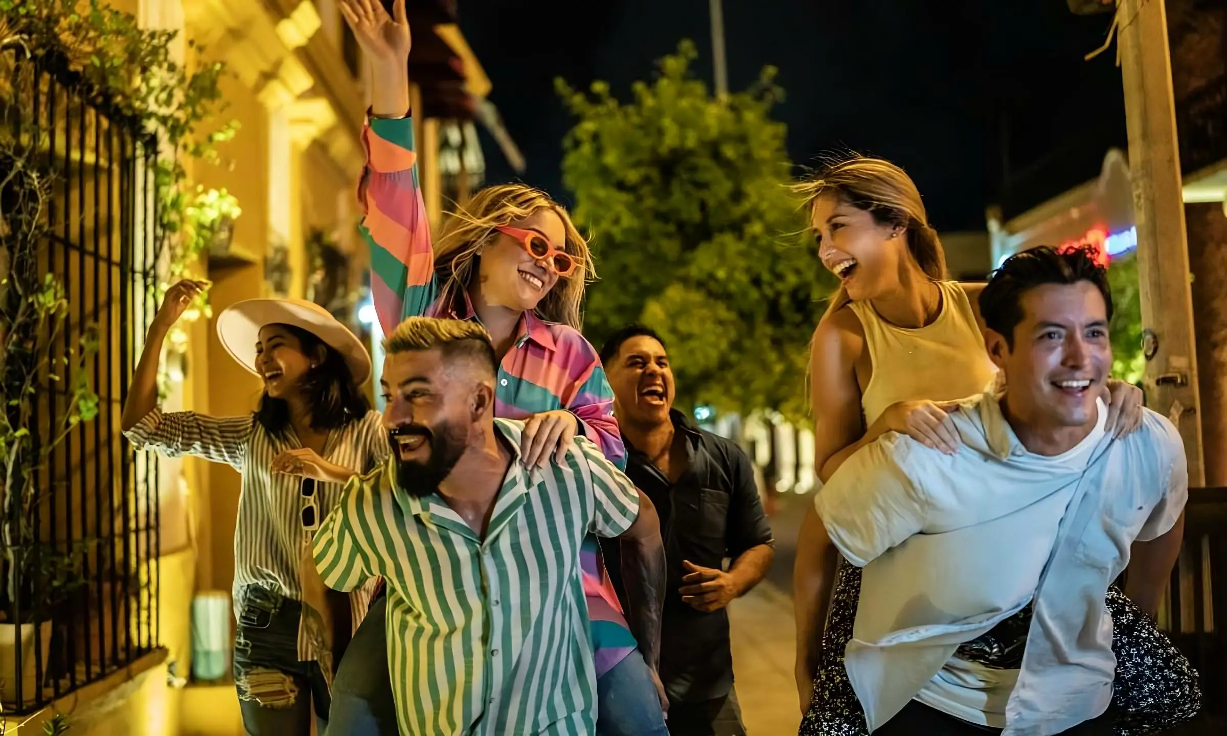 Grupo de amigos bailando y riendo en una fiesta nocturna al aire libre