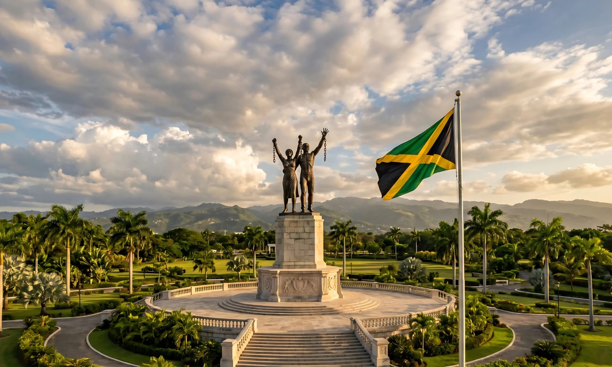 A square with statues of freed people and the Jamaican flag