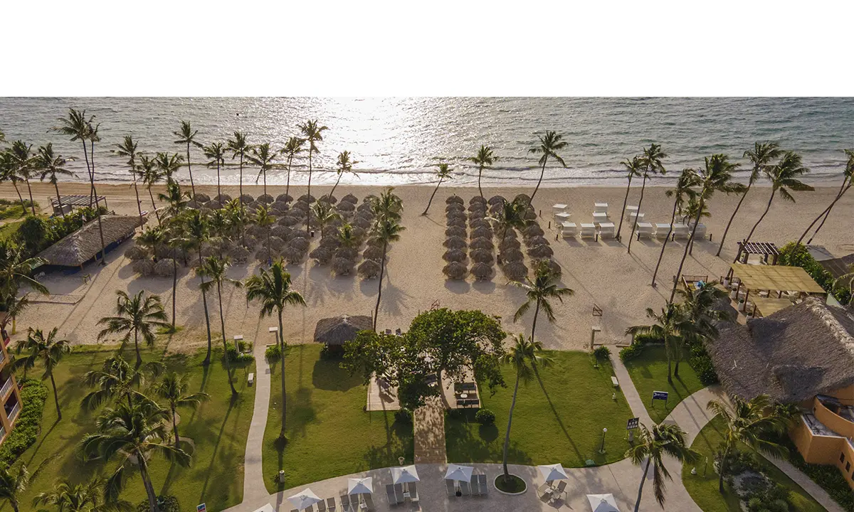 Vista a&eacute;rea de un resort tropical en la playa con palmeras y mesas al sol