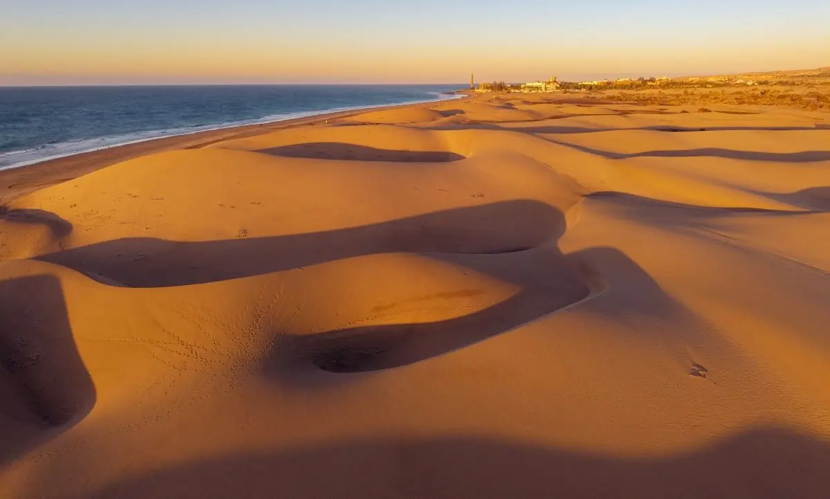 Aerial view of the Maspalomas Dunes and Maspalomas Beach in Gran Canaria