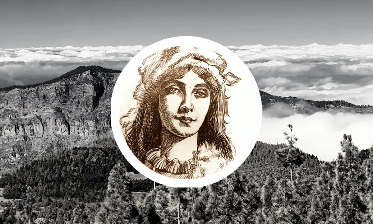 Retrato de una mujer con estilo cl&aacute;sico sobre paisaje de monta&ntilde;as y nubes.