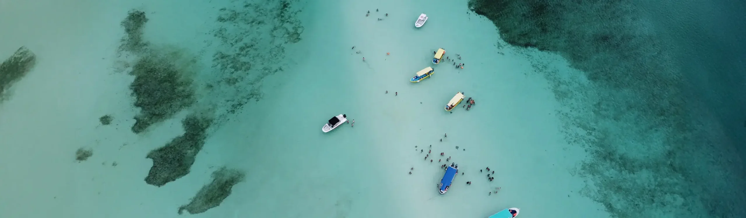Vista a&eacute;rea de un arrecife con barcos y nadadores en aguas turquesa
