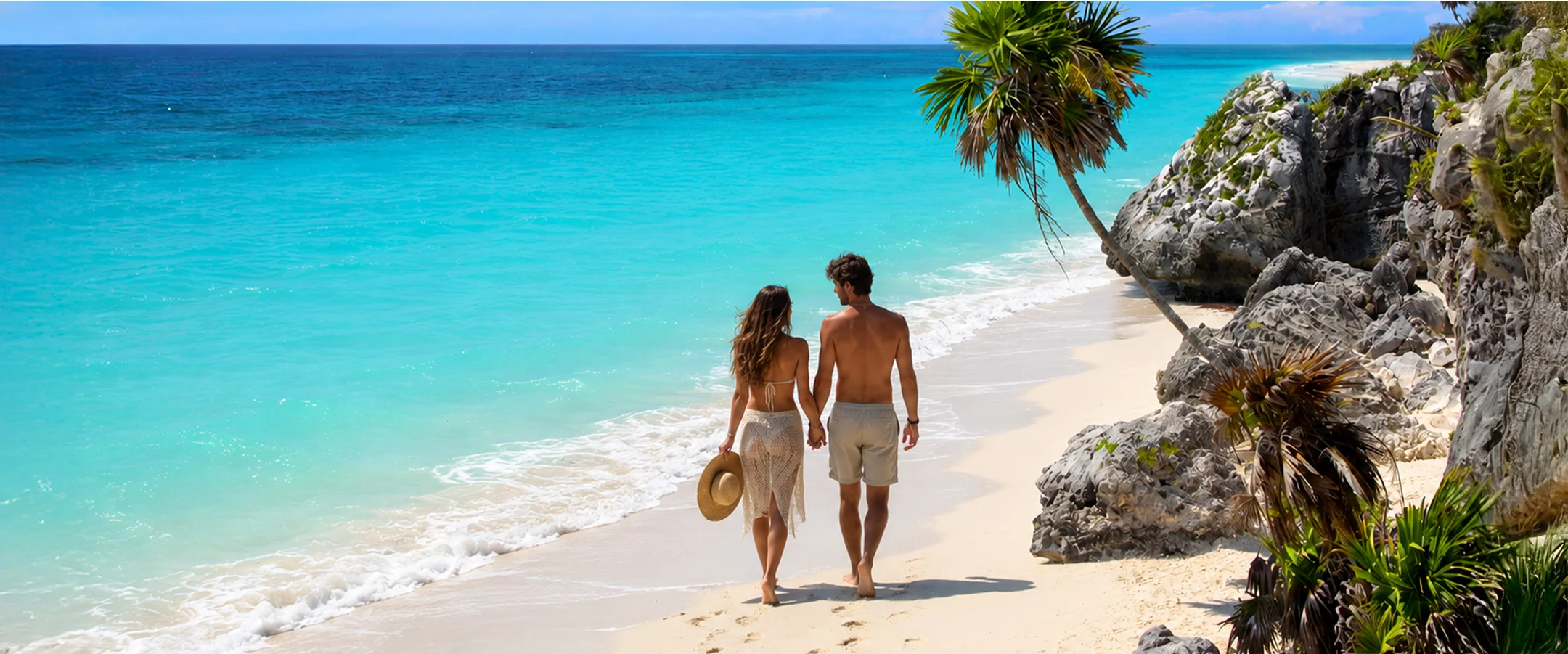 Pareja caminando por una playa tropical con palmeras y mar turquesa