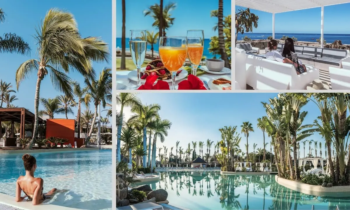 Collage de resort tropical: palmeras, piscina, desayunos y vista al mar