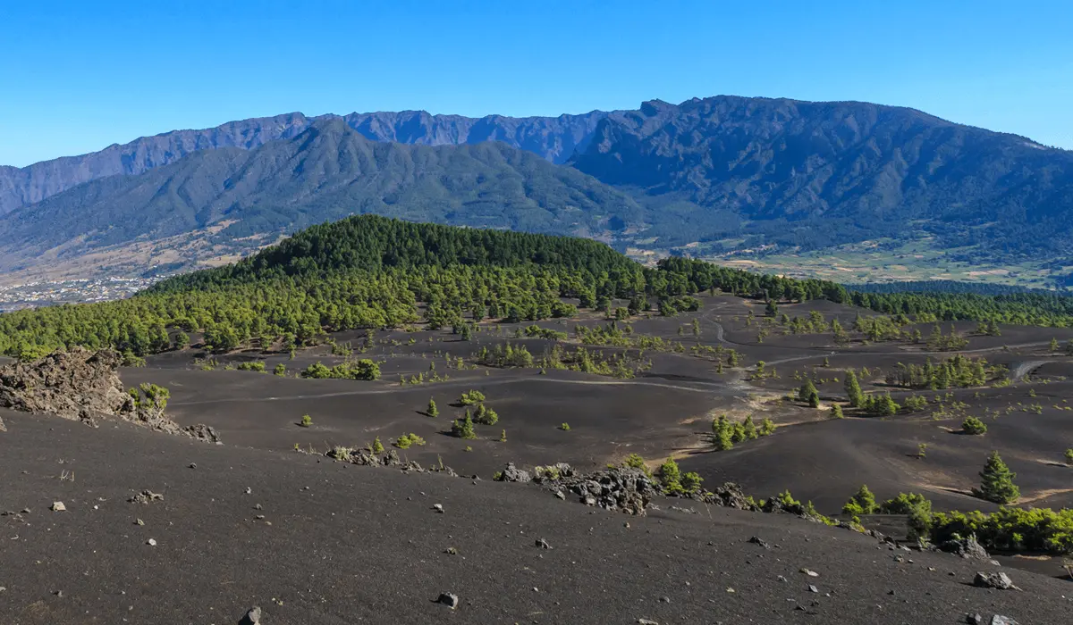 El sendero para ver el volcán en el Llano del Jable El sendero para ver el volcán en el Llano del Jable