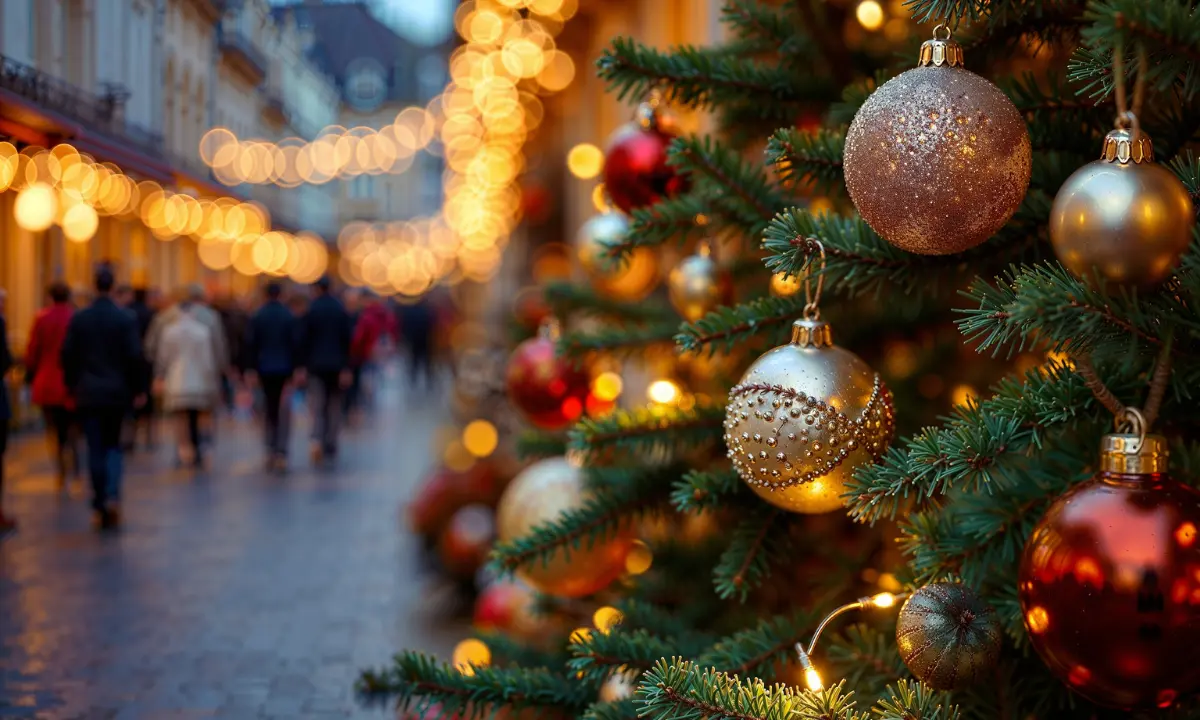 Bolas de Navidad doradas y rojas en un &aacute;rbol con calle iluminada al fondo