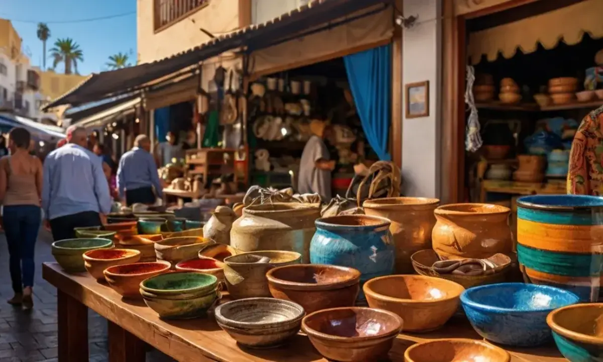 Mercado con ollas y cuencos de cer&aacute;mica en puestos al aire libre