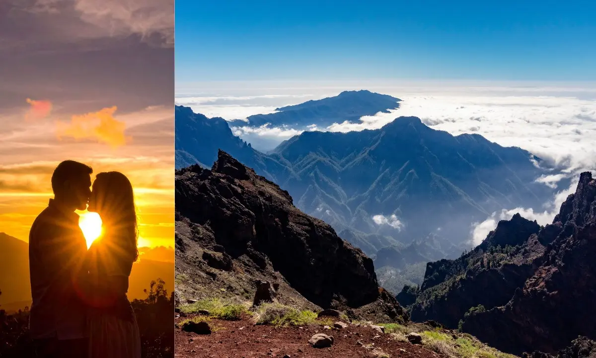 Paar küsst sich bei Sonnenuntergang am Roque de los Muchachos, ein besonders romantischer Ort auf La Palma