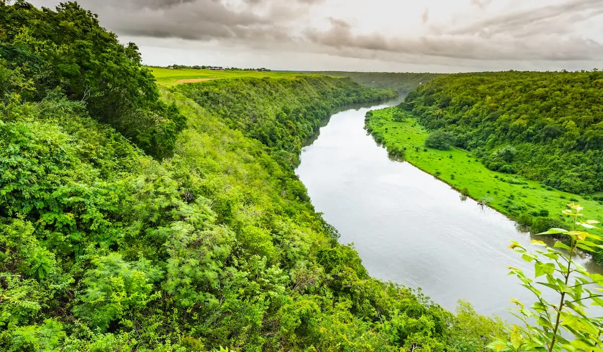 R&iacute;o serpenteante entre exuberante vegetaci&oacute;n verde bajo un cielo nublado.