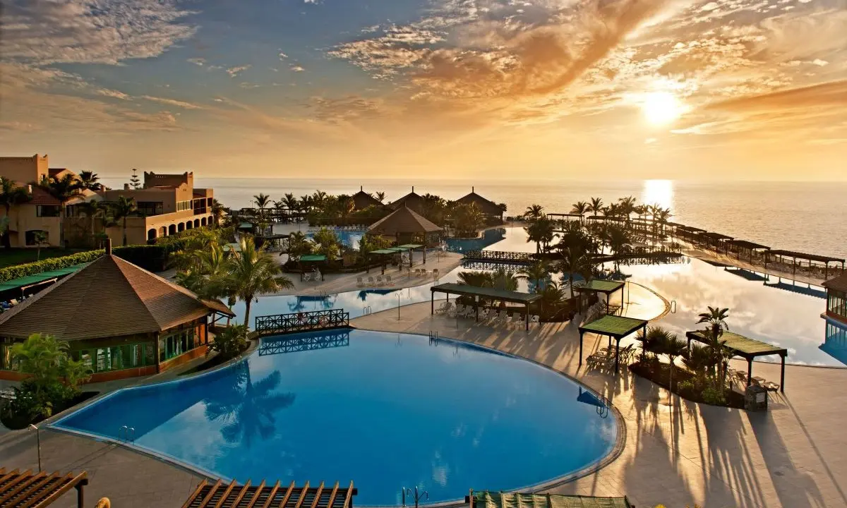 Sunset over the outdoor pool area at La Palma Princess Resort (Canary Islands)