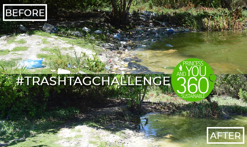 R&iacute;o con basura y agua verde; texto &ldquo;TRASHTAGCHALLENGE 360&rdquo;, antes y despu&eacute;s.