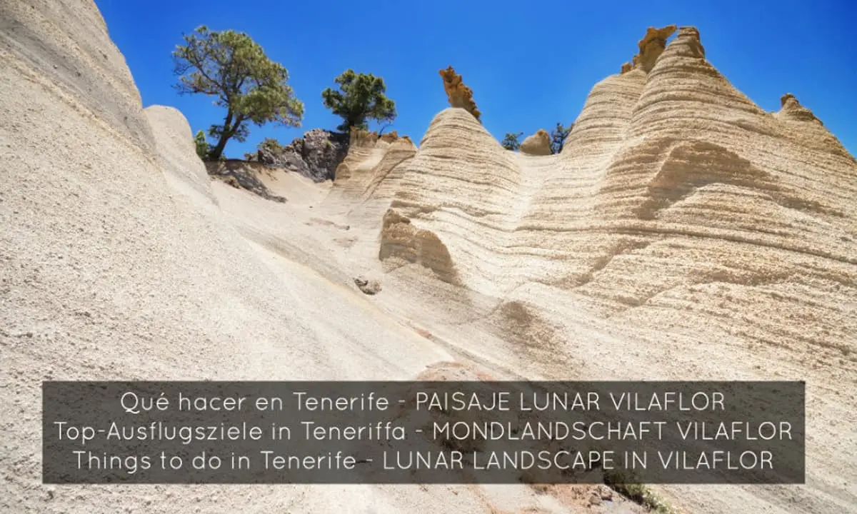 Paisaje lunar en Vilaflor, Tenerife: formaciones rocosas y cielo azul.