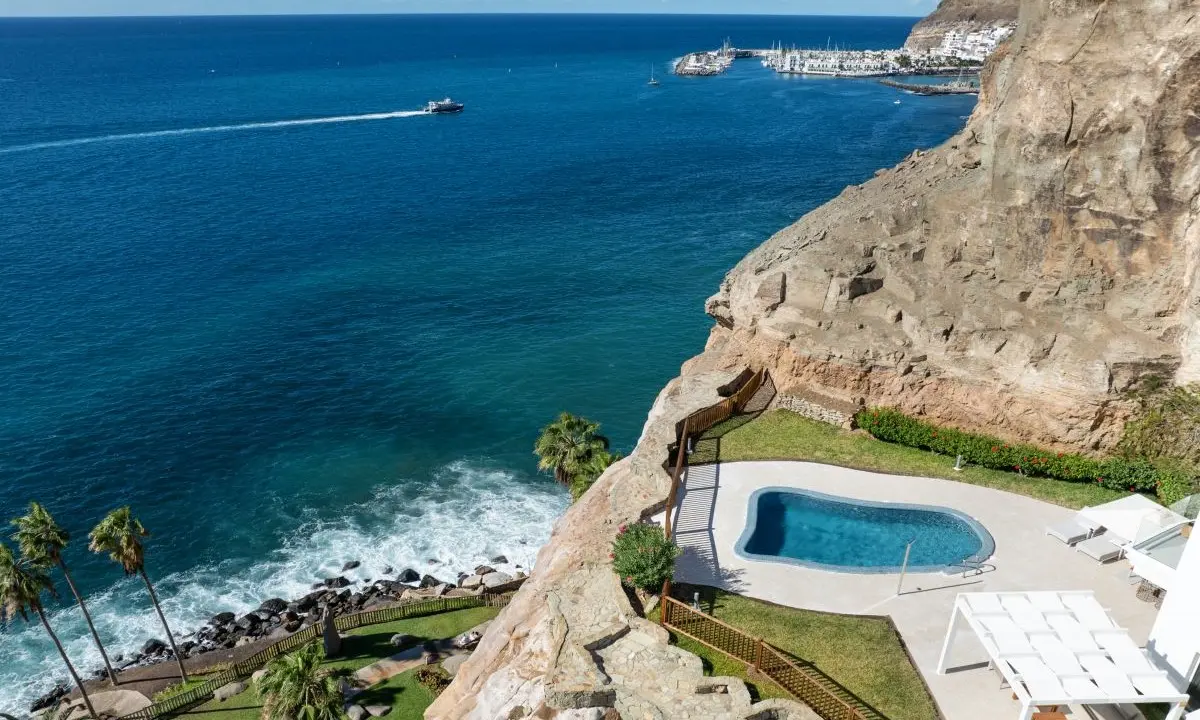 Aerial view of the panoramic terrace of the Royal Suite with private pool and garden