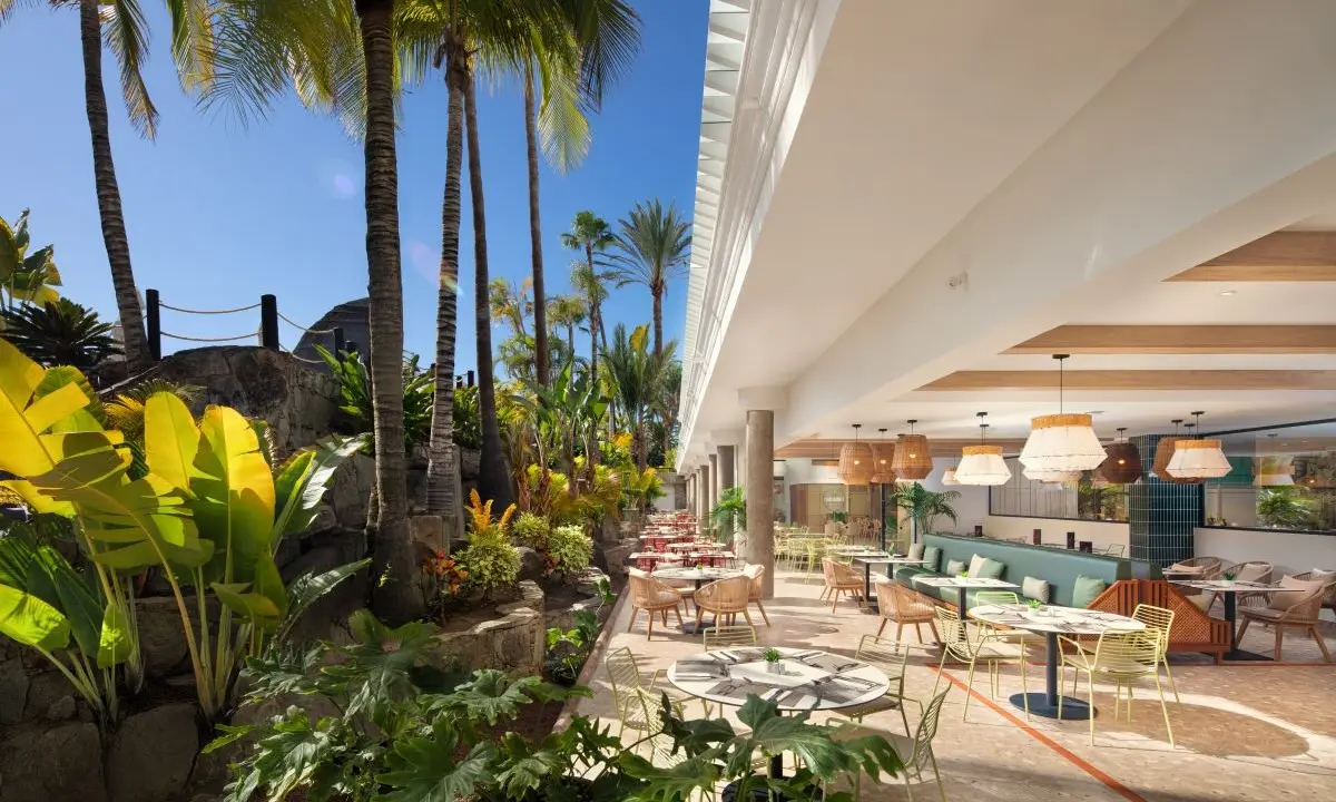 Terrace of the Food Market buffet restaurant, next to the garden at Princess Taurito Hotel in Gran Canaria