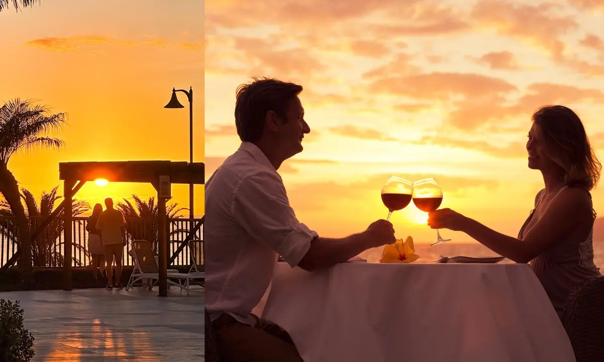 Paar auf der Hotelterrasse bei Sonnenuntergang (links) und Paar beim Anstoßen während ihres romantischen Urlaubs (rechts)