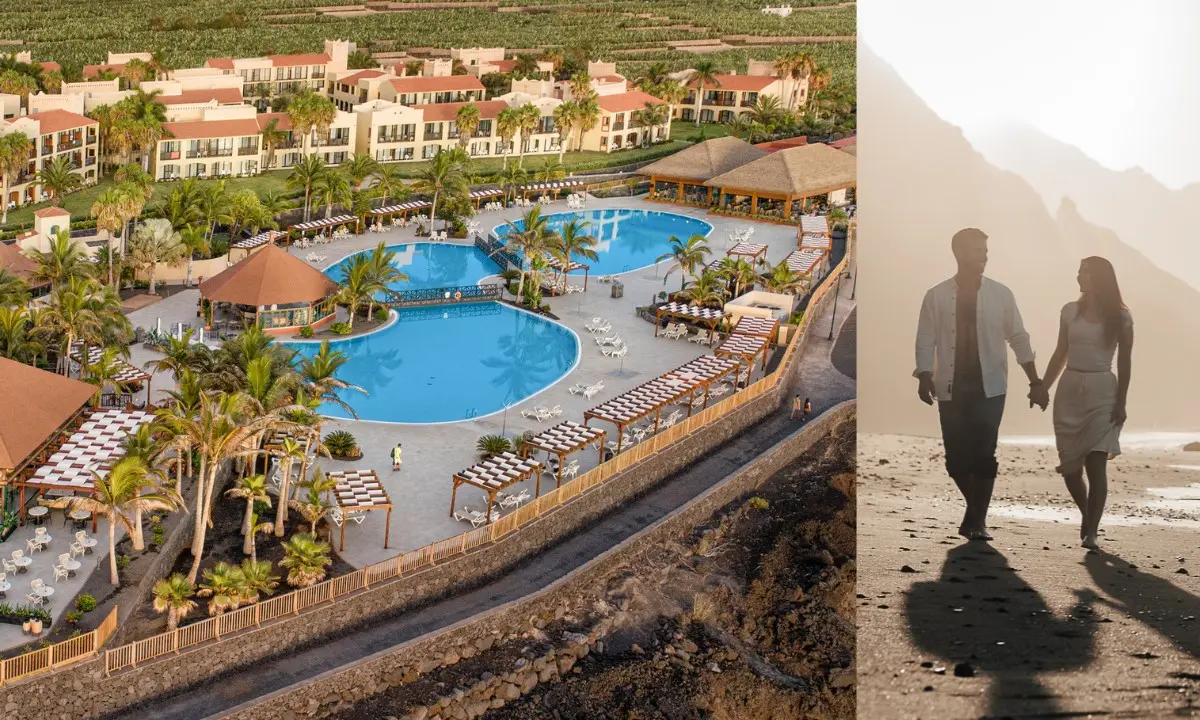 Luftaufnahme des Esencia de La Palma (links) und Paar beim Spaziergang am Strand bei Sonnenuntergang (rechts)