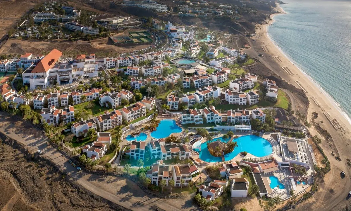 Aerial view of the All-Inclusive Club Jand&iacute;a Princess and Fuerteventura Princess resorts in southern Fuerteventura, both beachfront hotels